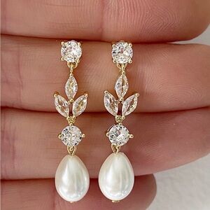 NWT Gold and White Pearl Drop Earrings with Sparkling Accents